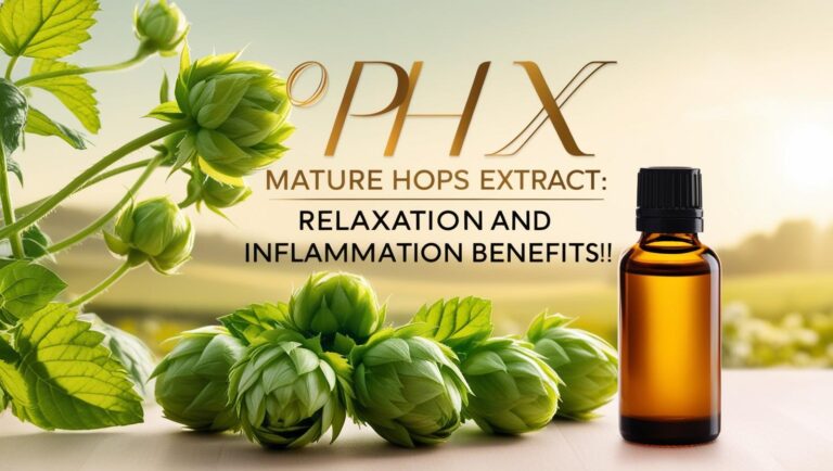 Amber bottle of mature hops extract beside fresh hops against a serene countryside background. Text highlights benefits for relaxation and inflammation.