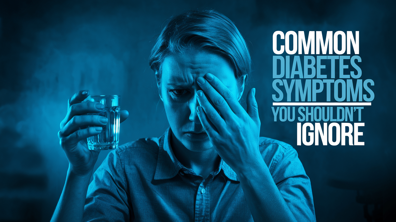 A worried person holds a glass of water, touching their forehead. Blue tone emphasizes anxiety. Text reads "Common Diabetes Symptoms You Shouldn't Ignore."