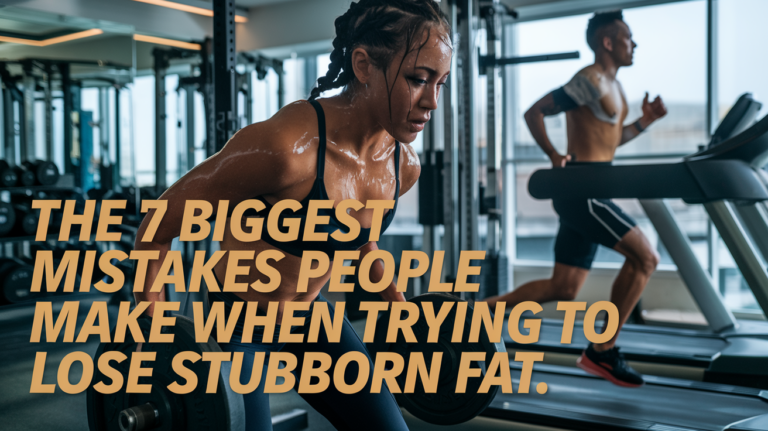 Woman lifting weights and man running on a treadmill in a gym, both focused and sweaty. Text overlay reads, "The 7 Biggest Mistakes People Make When Trying to Lose Stubborn Fat."