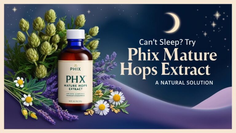 A bottle of "Phix Mature Hops Extract" surrounded by hops, lavender, and chamomile. The background shows a starry night sky with a crescent moon. Text reads: "Can't Sleep? Try Phix Mature Hops Extract, A Natural Solution." The setting conveys tranquility and natural wellness.