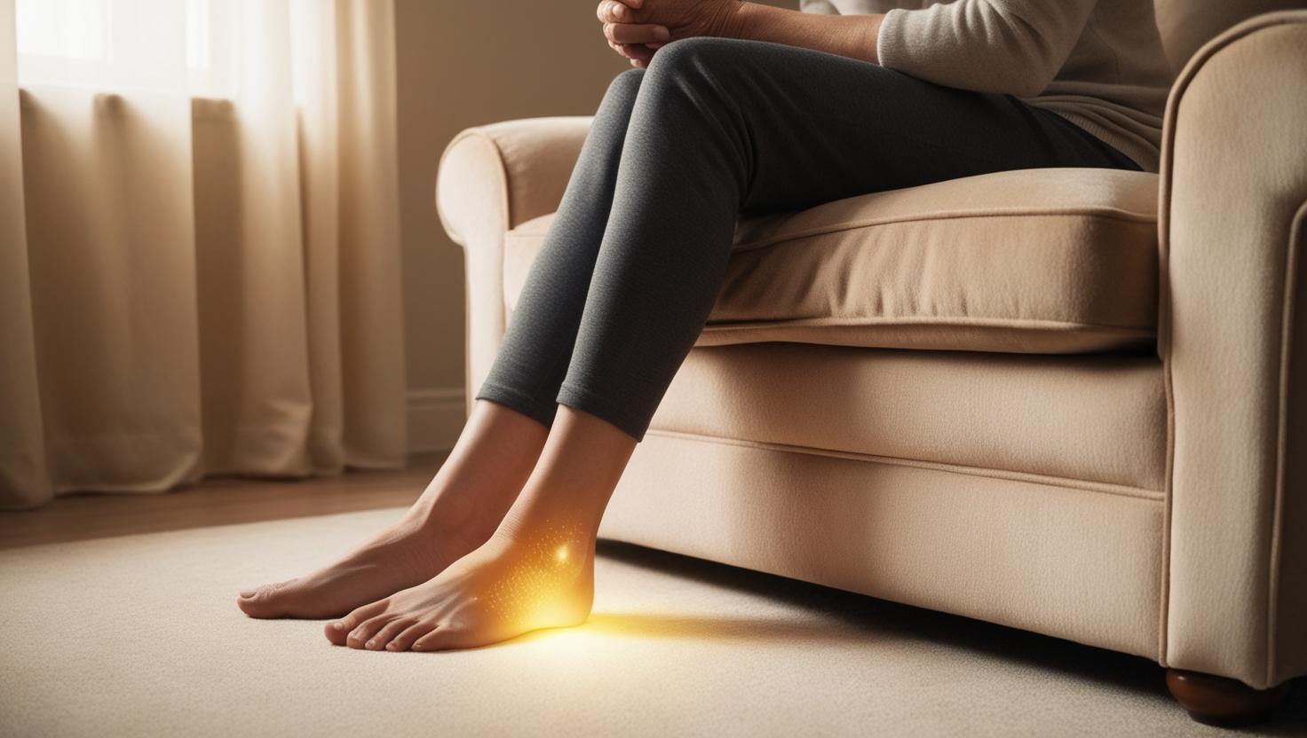 A person sits on a beige sofa with legs crossed, focusing on their glowing feet with tiny sparkles on a soft carpet, suggesting warmth or healing.