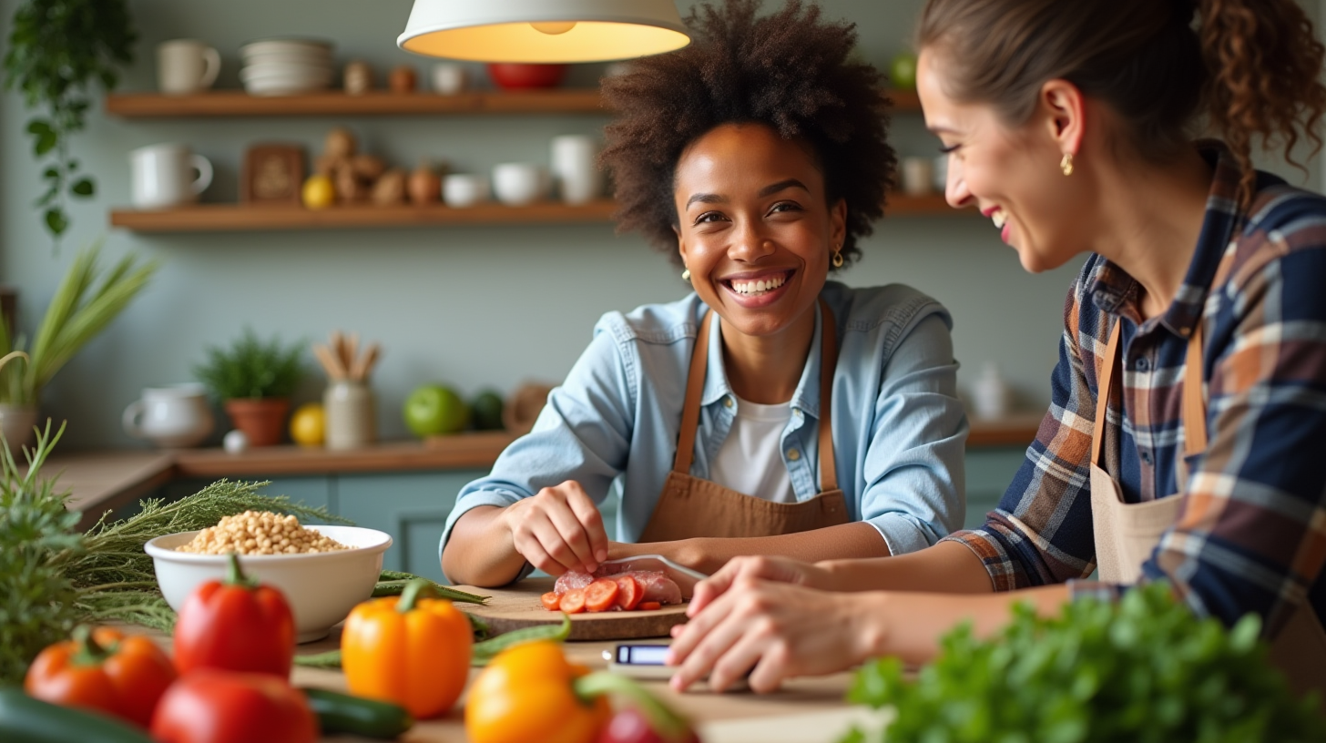 Two women in aprons smile while preparing vegetables in a kitchen. Fresh peppers and herbs are on the counter, creating a warm, cheerful atmosphere.