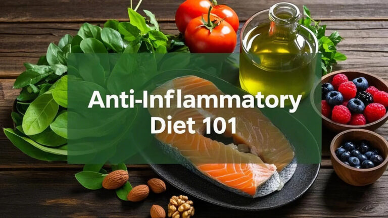 Alt text: "Healthy food assortment with spinach, tomatoes, salmon, olive oil, almonds, walnuts, raspberries, and blueberries, labeled 'Anti-Inflammatory Diet 101.'"