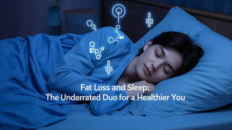 A woman sleeps peacefully on a blue bed with digital symbols above her. The text reads, "Fat Loss and Sleep: The Underrated Duo for a Healthier You."