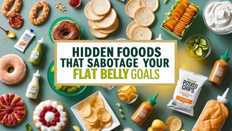 A colorful assortment of foods and sauces surround bold text that reads, "Hidden Foods That Sabotage Your Flat Belly Goals." Items include doughnuts, sauces, and chips, hinting at unhealthy eating temptations. The playful arrangement conveys a light-hearted but cautionary tone.