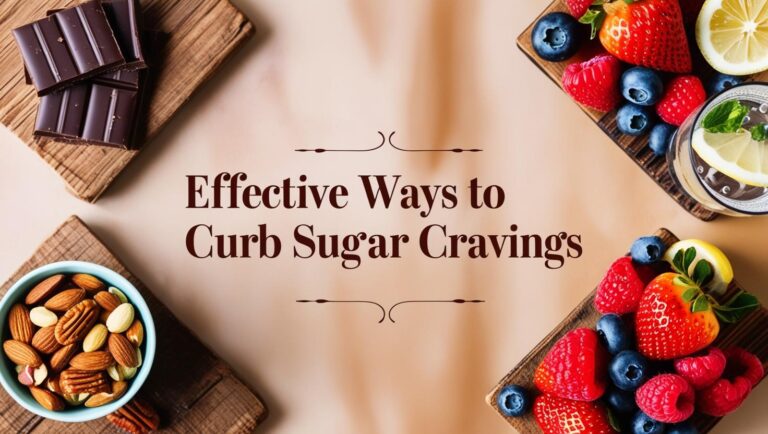 Alt text: "Wooden boards with dark chocolate, mixed nuts, and berries surround the text 'Effective Ways to Curb Sugar Cravings.' Fresh, healthy, inviting."