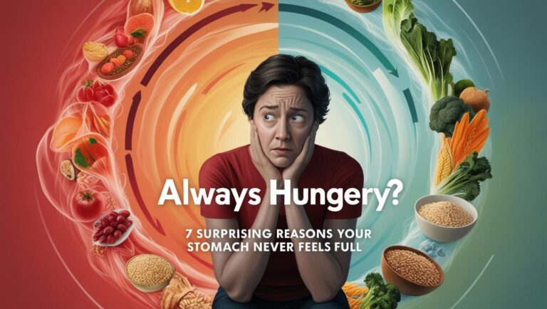 A worried person holds their face, surrounded by swirling fruits and vegetables. Text reads: "Always Hungry? 7 Surprising Reasons Your Stomach Never Feels Full."