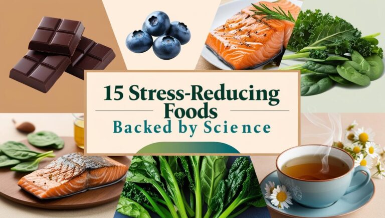 Alt text: "Collage featuring stress-reducing foods, including dark chocolate, blueberries, salmon, leafy greens, and chamomile tea. Text reads: '15 Stress-Reducing Foods Backed by Science.'"