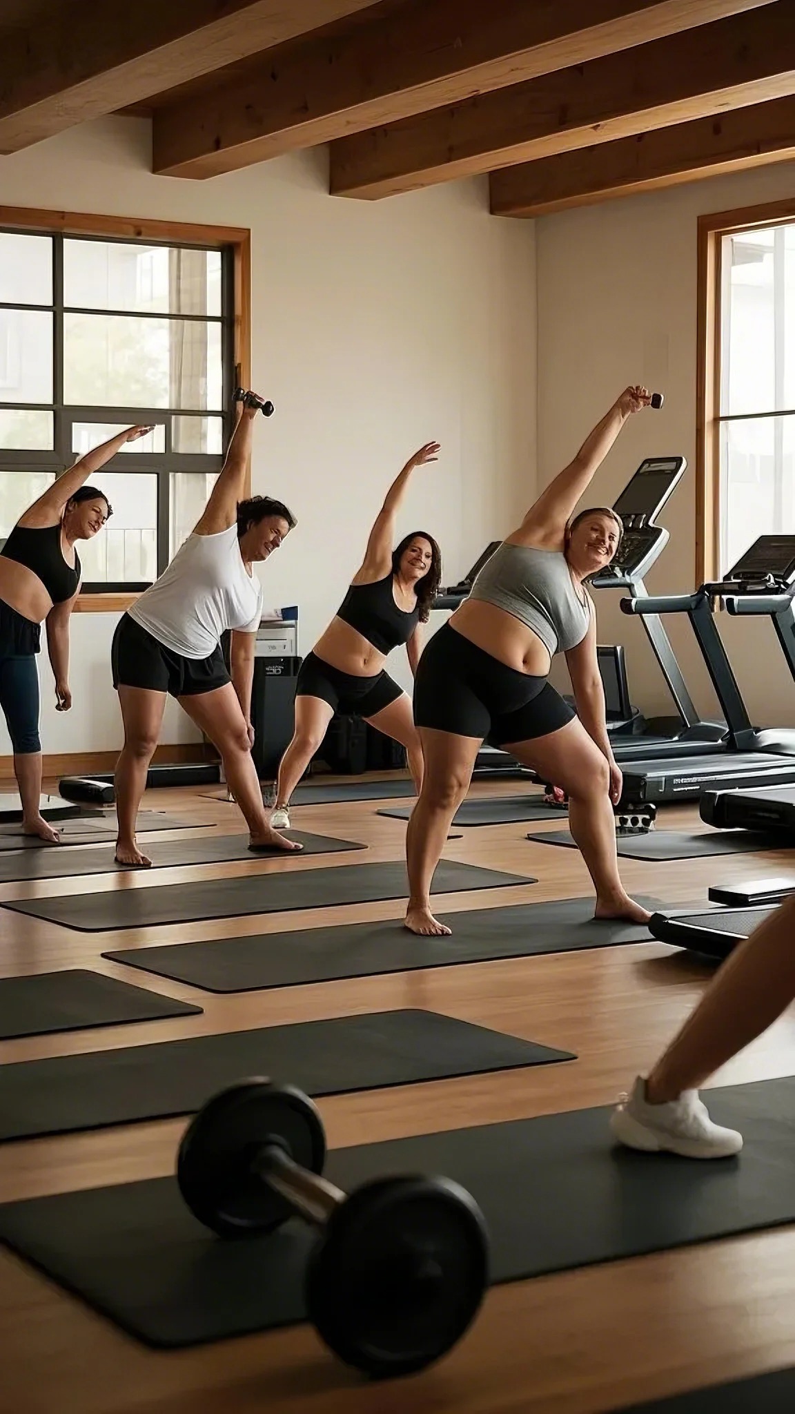 Fat Loss for Different Body Types
A group of women in athletic wear perform side stretches on yoga mats in a bright studio with treadmills. The mood is energetic and focused.