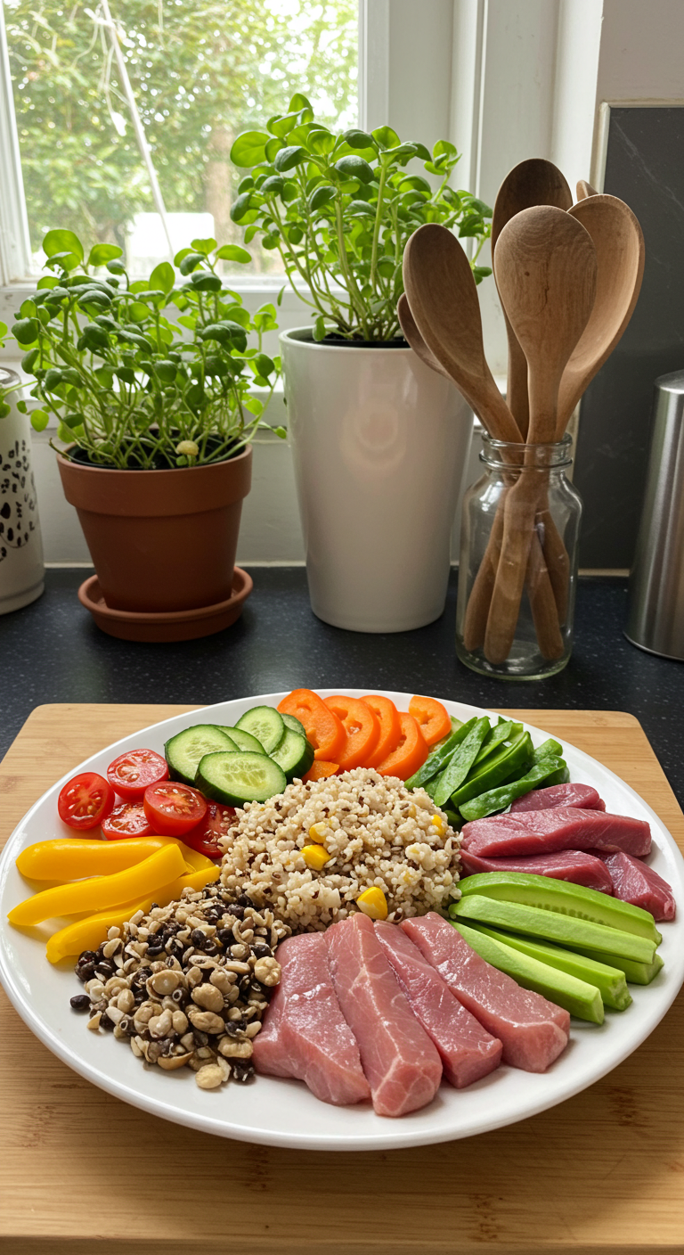 A vibrant, colorful plate filled with a variety of fresh vegetables, lean proteins, whole grains, and healthy fats arranged artistically; a serene kitchen setting with natural light filtering through a window, emphasizing balance and harmony in food choices, surrounded by plants and cooking utensils that evoke a sense of sustainability and wellness.