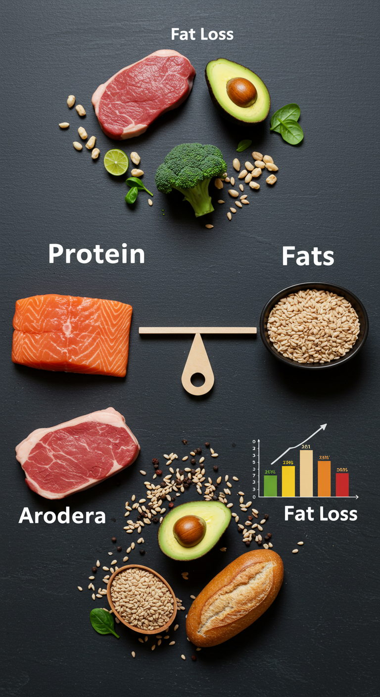 A visually engaging illustration of various macronutrients categorized as proteins, fats, and carbohydrates, represented by vibrant foods like lean meat, avocados, and whole grains arranged artistically. Include a balanced scale symbolizing the importance of moderation in fat loss, with colorful graphs or charts subtly integrated in the background to represent nutritional values. The overall composition should exude a sense of health and well-being, with a fresh and inviting color palette.