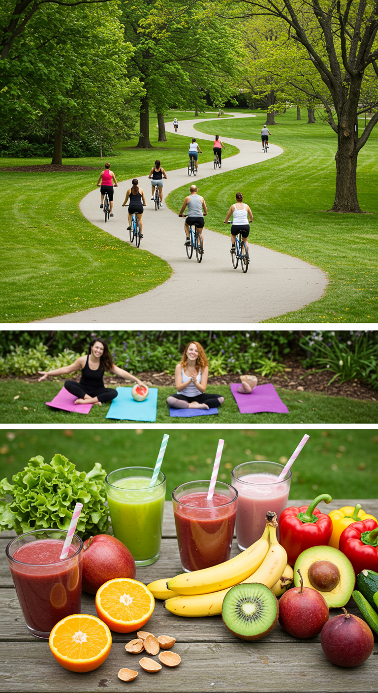 A vibrant park scene with a diverse group of people cycling along a winding path, others practicing yoga on colorful mats, and a picnic table nearby filled with fresh fruits, vegetables, and smoothies. The lush greenery and blooming flowers symbolize vitality and sustainable weight loss.