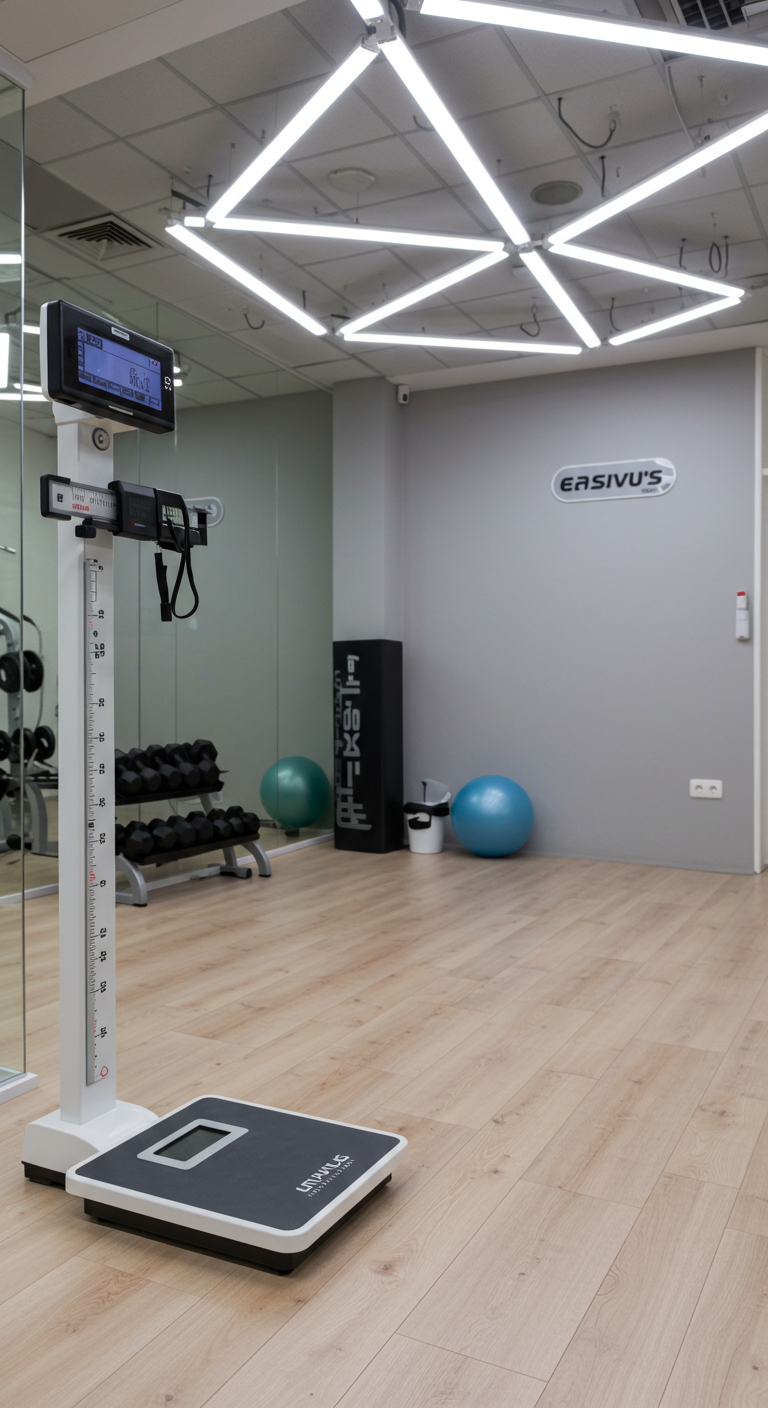 Body Fat Percentage Explained
Modern gym with wooden floors features a digital scale and height measure. In the background, an exercise ball, weights, and geometric ceiling lights.