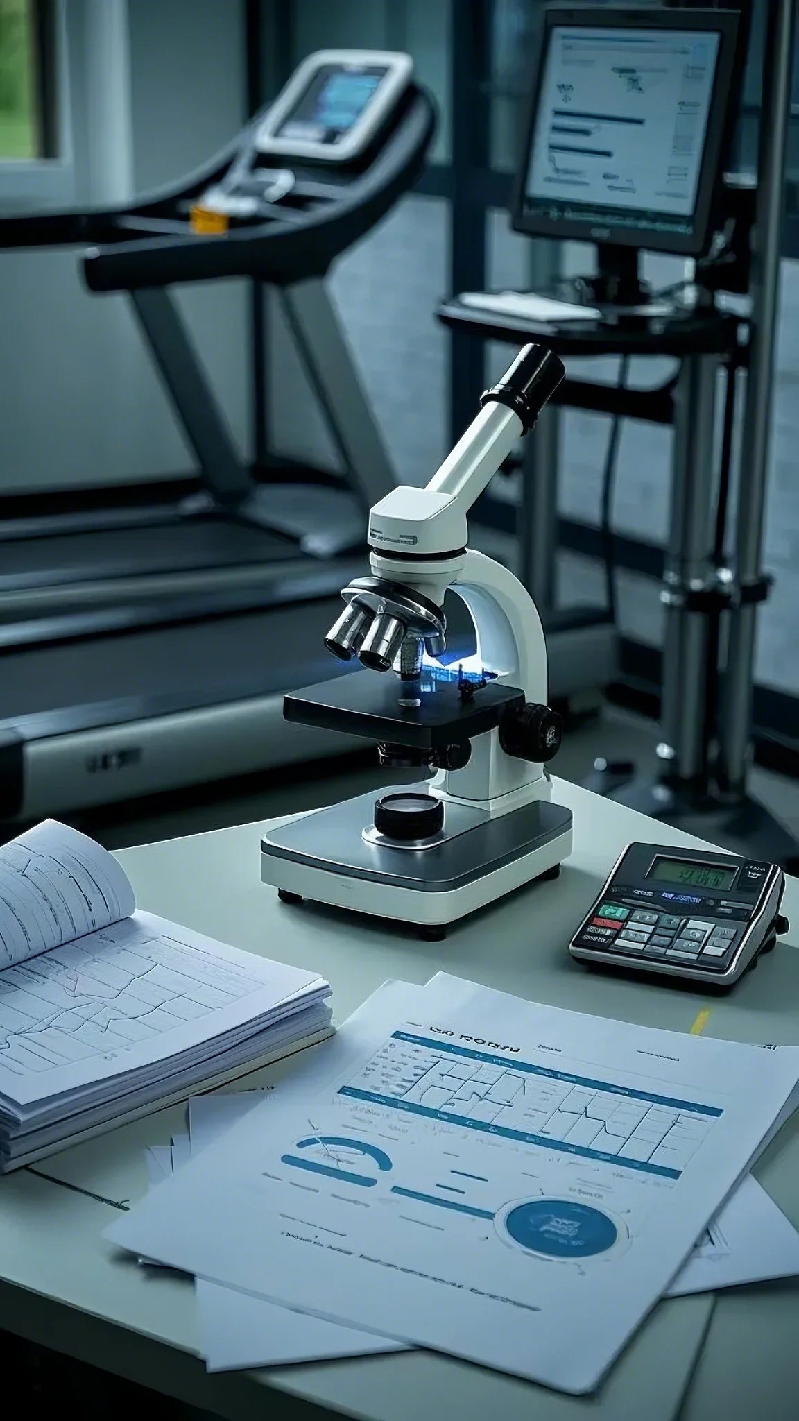 A scientific laboratory setting...depicting spot reduction...with research papers spread across a table, a digital scale measuring body fat percentages, charts and graphs depicting spot reduction results on a whiteboard, diverse fitness equipment in the background, and a microscope highlighting tissue samples, soft lighting illuminating the scene.