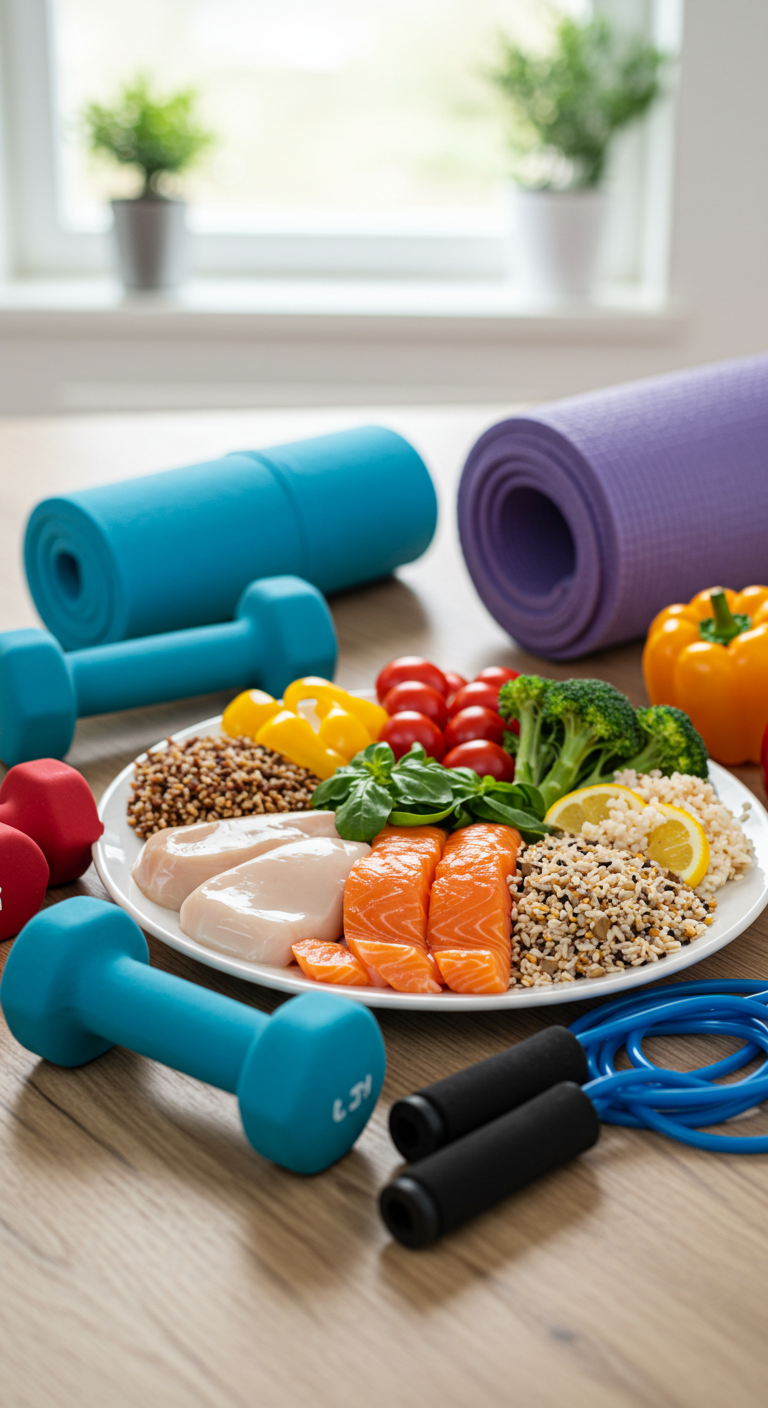 Fat Loss and Muscle Loss Prevention
A plate with salmon, chicken, grains, broccoli, tomatoes, and peppers is on a table surrounded by blue and red dumbbells, a jump rope, and yoga mats.