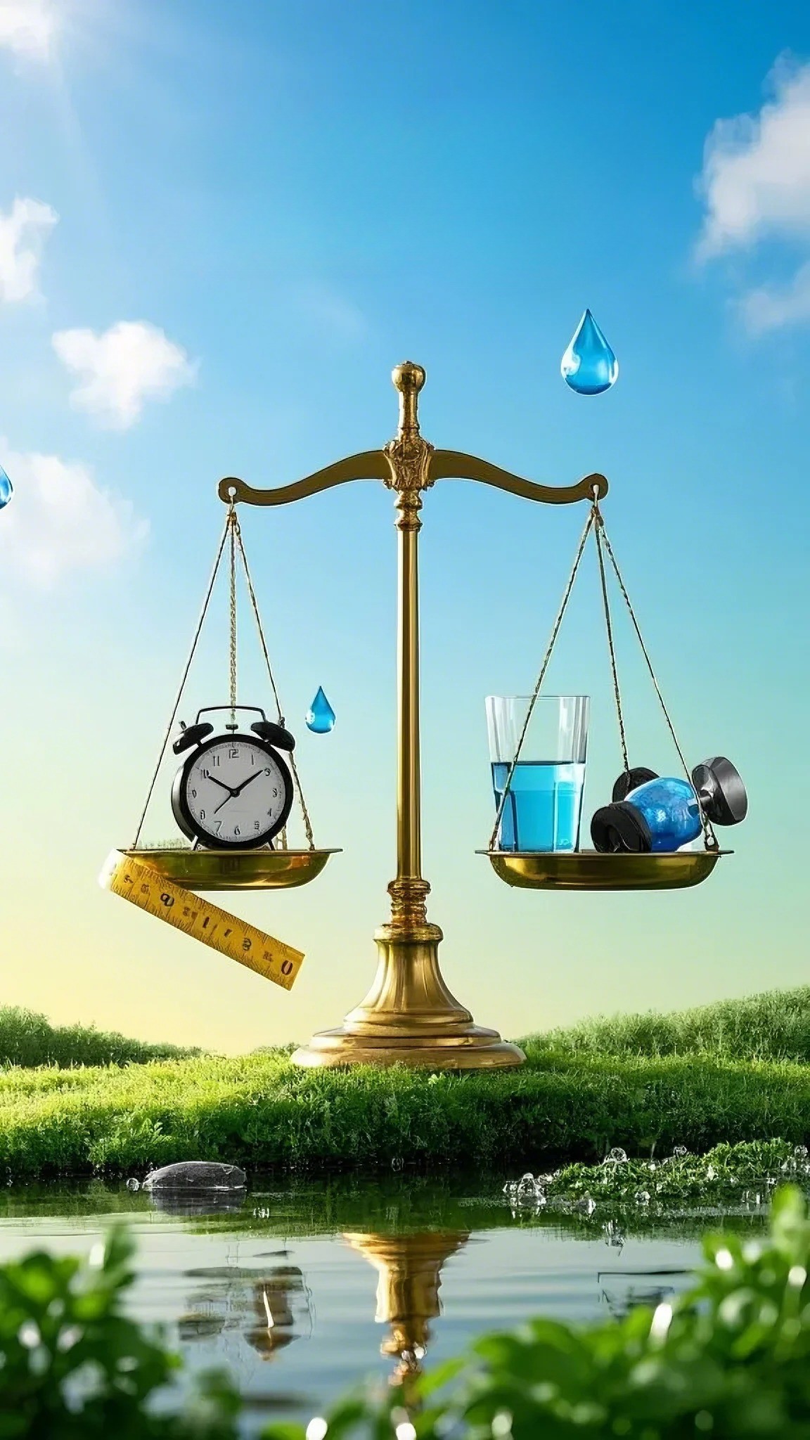 How Long Does Fat Loss Take?
A golden balance scale under a blue sky, with an alarm clock and ruler on one side, and a glass of blue liquid with weights on the other. A serene landscape and water reflection convey balance.