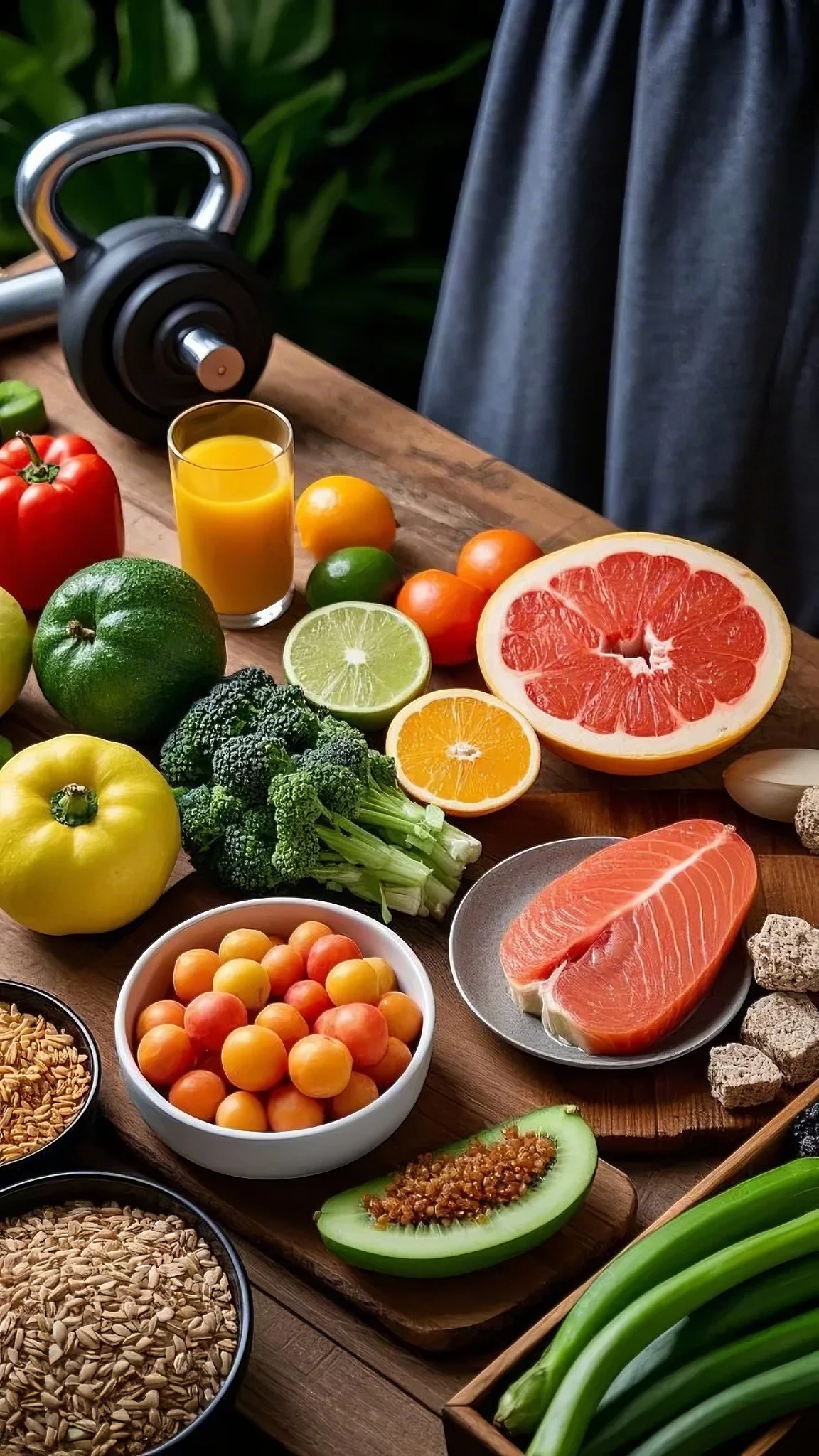 A vibrant, colorful spread of healthy foods including fruits, vegetables, lean proteins, and whole grains arranged aesthetically on a wooden table, with weights and a gym setting in the background, conveying the concept of strength training and balanced diet for effective fat loss, natural lighting enhancing the freshness of the ingredients.