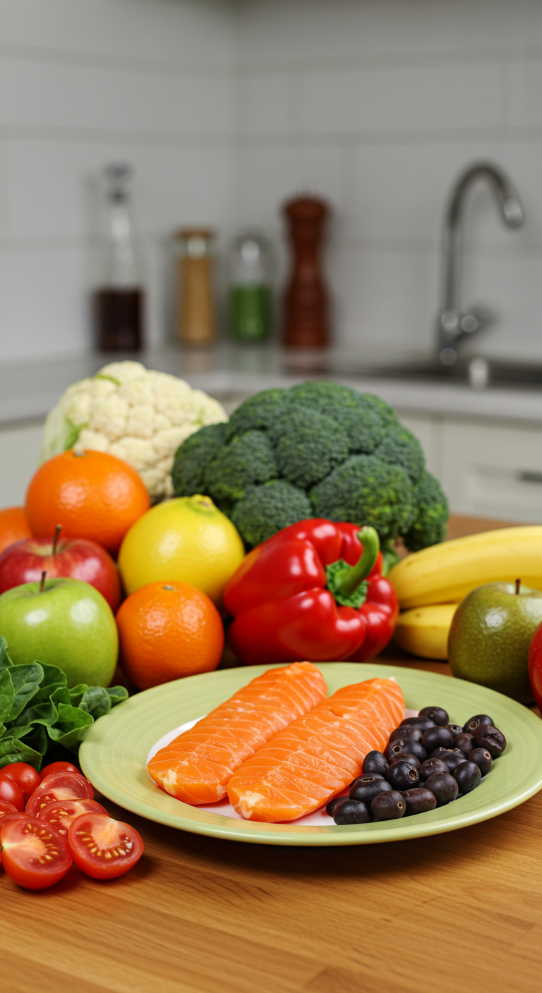 How Long Does Fat Loss Take?
A vibrant array of fresh produce on a kitchen counter, featuring salmon fillets, blueberries, tomatoes, leafy greens, broccoli, and assorted fruits.