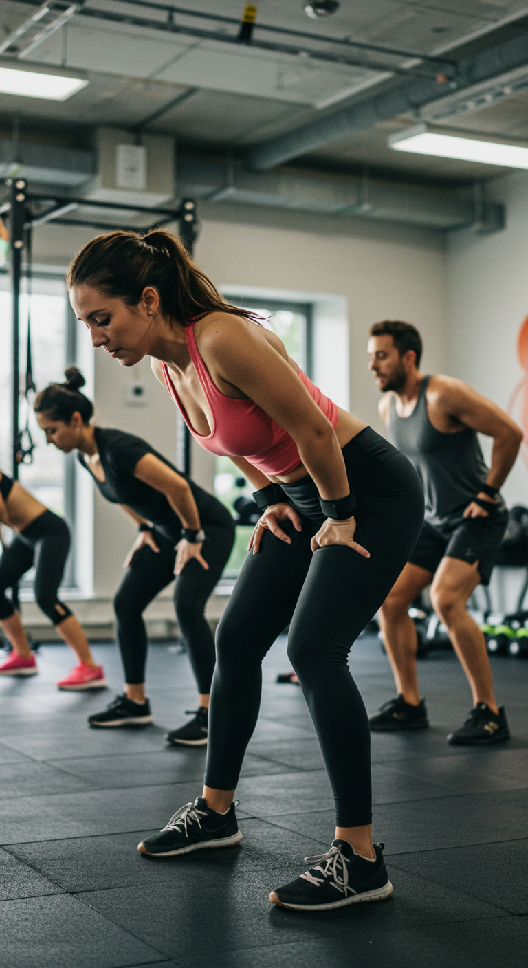 A group of people in athletic wear and sneakers exercising in a gym, bending forward with hands on thighs, conveying focus and determination.