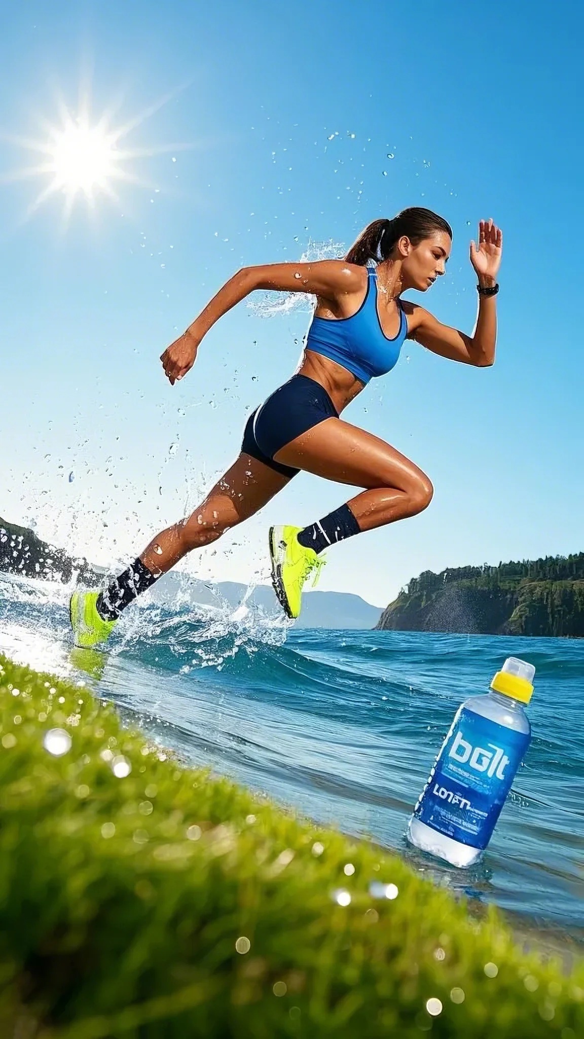 A dynamic scene of an athlete in action, showcasing energy and motion, surrounded by droplets of water symbolizing hydration. The background features a vibrant landscape with a clear blue sky and sun, enhancing the feeling of vitality. Emphasize the sheen of sweat and water on the athlete’s body, illustrating the importance of hydration for peak performance. Add elements like glowing water bottles and refreshing waves to symbolize rehydration and energy replenishment.