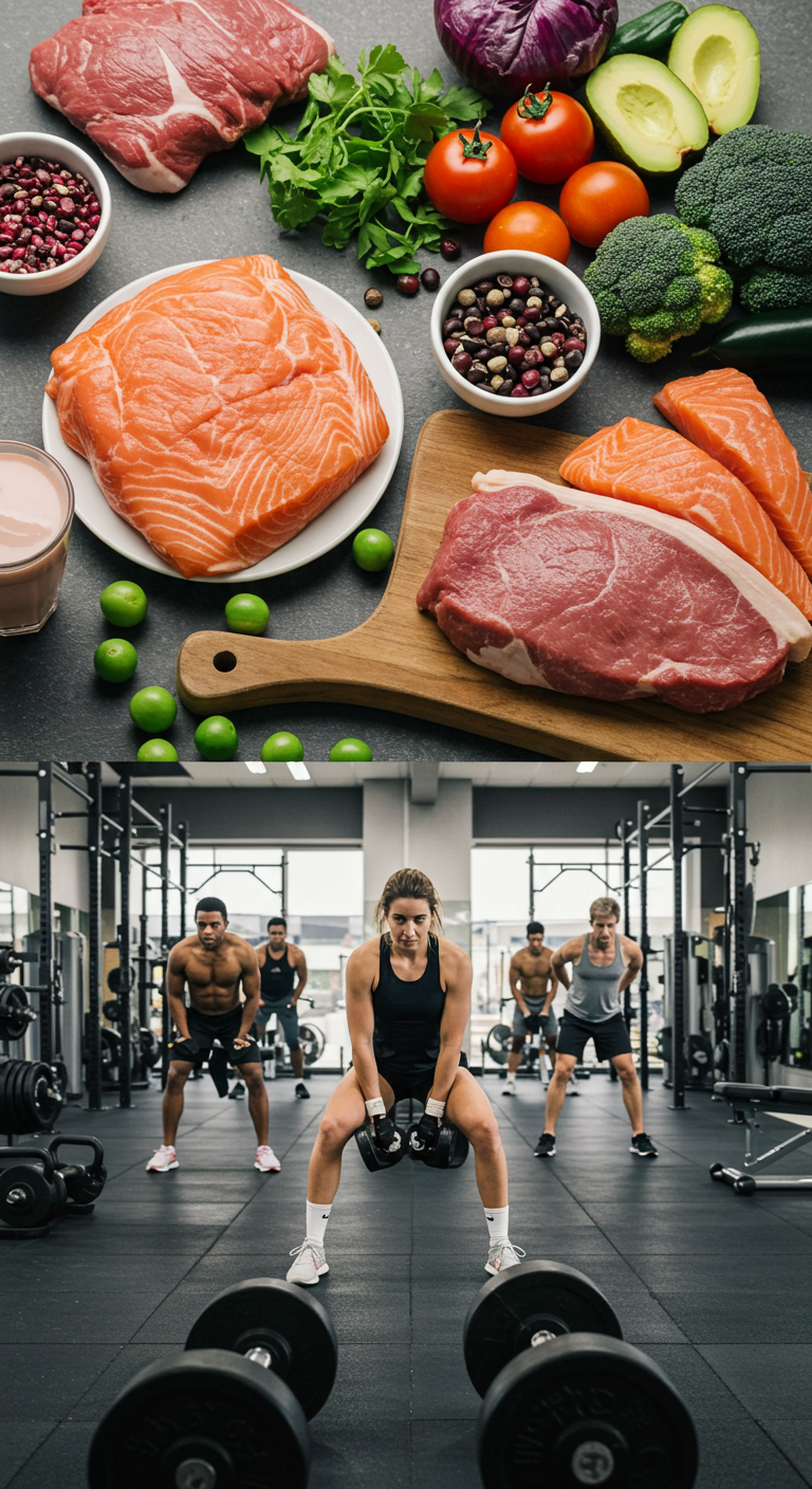 Upper half: Fresh salmon, steak, vegetables, and legumes on a table. Lower half: A group working out in a gym, focused and determined.