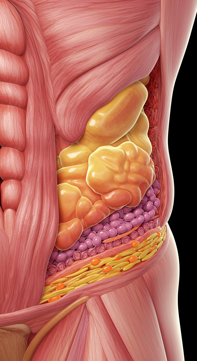 detailed illustration of a human body showing layers of fat cells illustrating fat storage