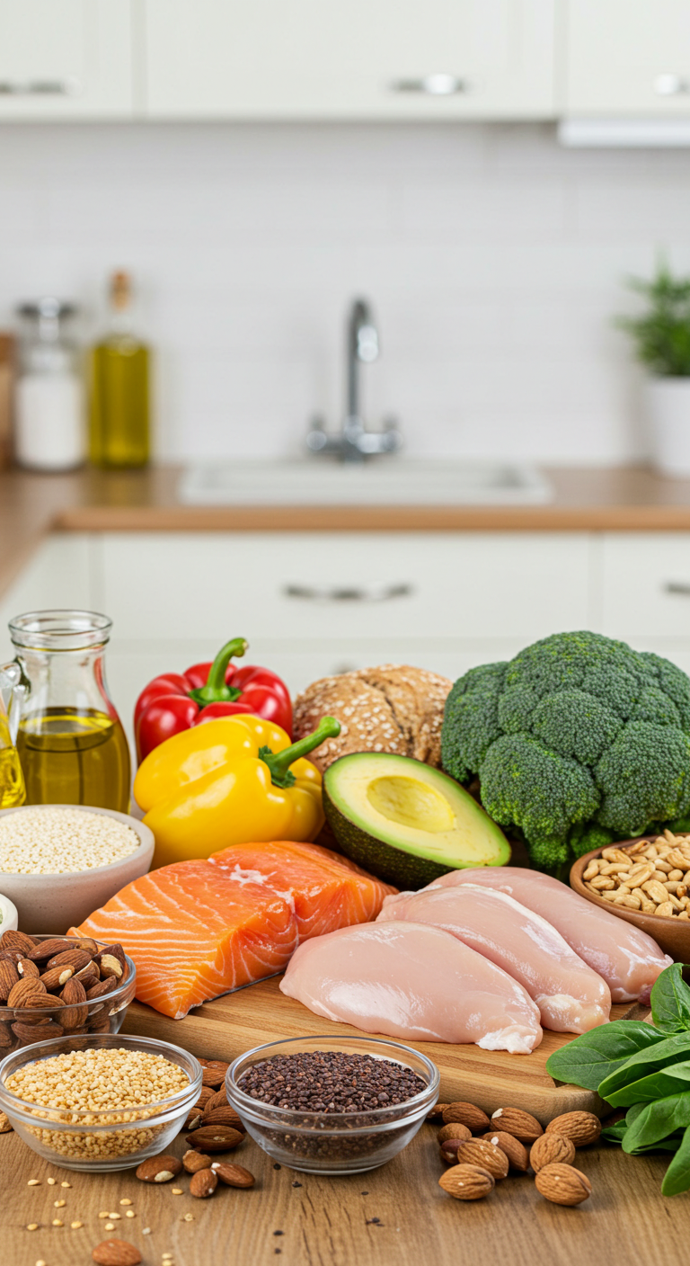 A kitchen counter with salmon, chicken, avocado, broccoli, bell peppers, nuts, seeds, and whole grains, conveying a fresh, healthy meal preparation.