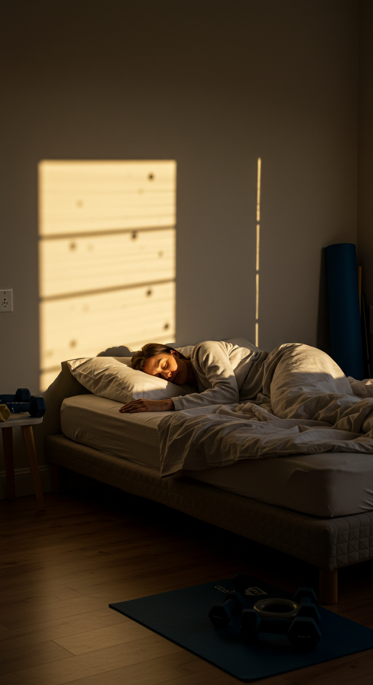 A woman sleeps peacefully in bed with morning sunlight casting window shadows on the wall. The room is calm, with a yoga mat and dumbbells nearby.