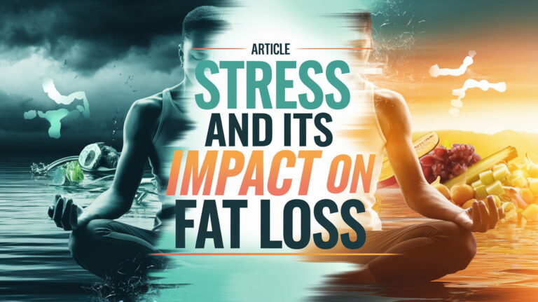 Stress and Its Impact on Fat Loss Split image of a person meditating; left side dark with stormy skies and unhealthy snacks, right side bright with fruits and vegetables. Text reads "Article: Stress and Its Impact on Fat Loss