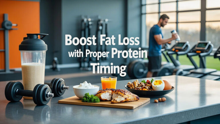 Boost Fat Loss with Proper Protein Timing: Expert Tips A gym scene with a protein shake, dumbbells, and a plate of healthy food. Text reads "Boost Fat Loss with Proper Protein Timing." Focus on fitness and nutrition.