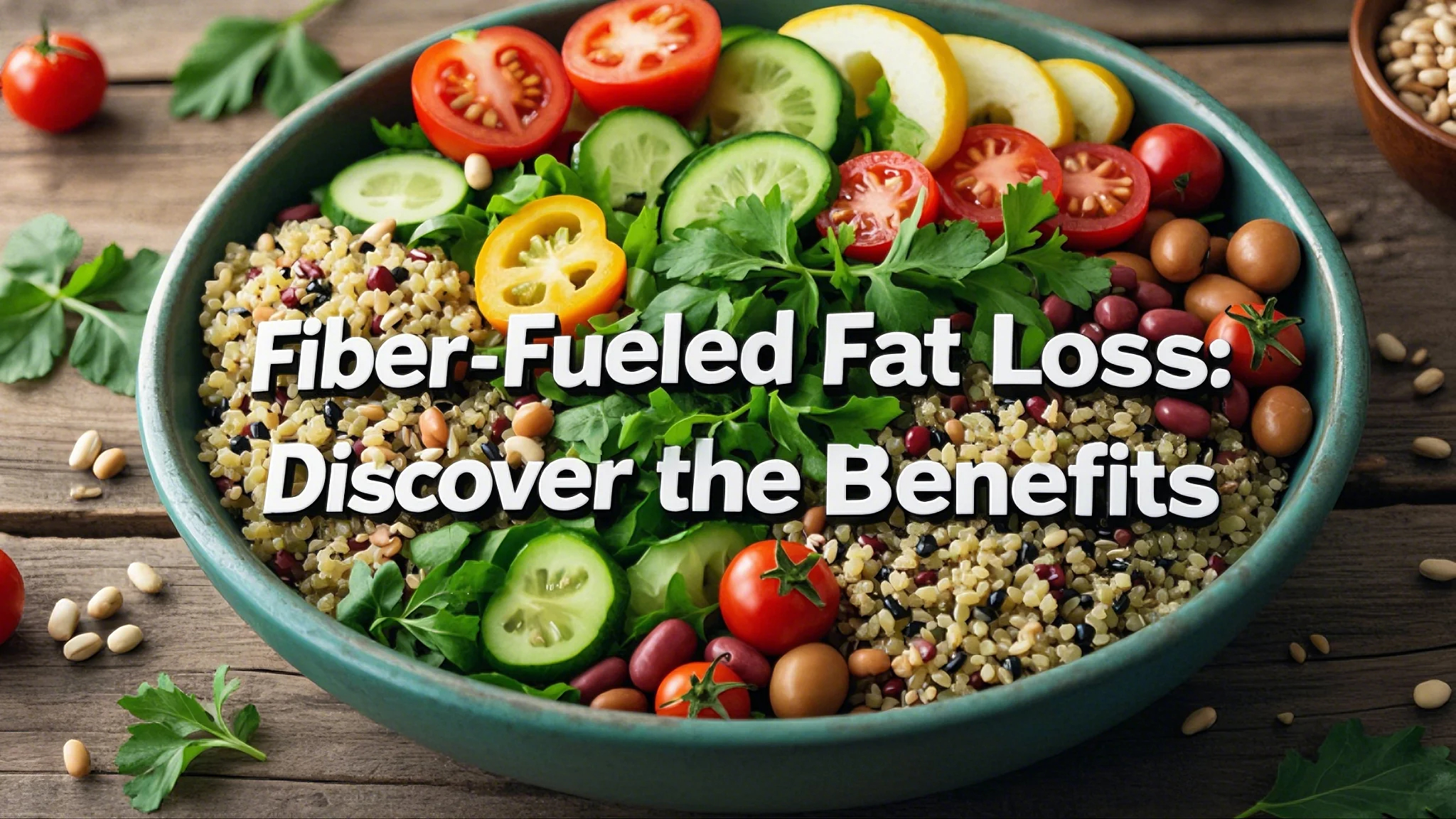 Fiber-Fueled Fat Loss: Discover the Benefits A vibrant salad with quinoa, cherry tomatoes, cucumber slices, olives, and greens in a teal bowl.