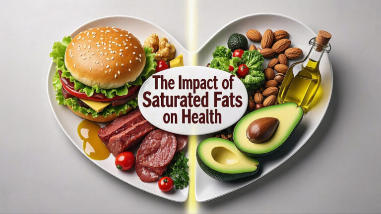 Heart-shaped plate split in two: left side shows a burger and processed meats; right side displays avocado, nuts, and olive oil. Text reads, "The Impact of Saturated Fats on Health."