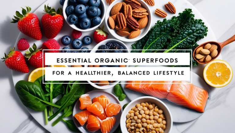 A colorful spread of organic superfoods including strawberries, blueberries, nuts, kale, salmon, citrus, and lentils, promoting a healthy lifestyle.