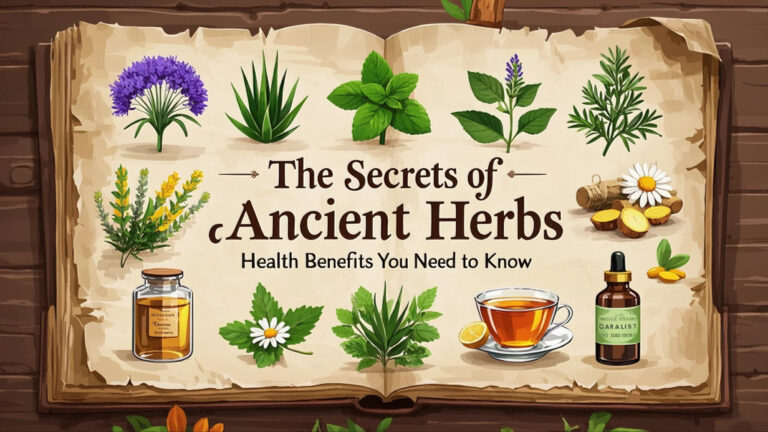 Open book illustration with colorful herbs, a tea cup, and herbal bottles. Text reads "The Secrets of Ancient Herbs, Health Benefits You Need to Know." Rustic, informative tone.