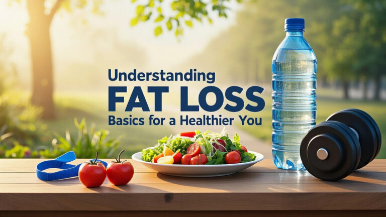 Plate of salad, two tomatoes, measuring tape, water bottle, and a dumbbell on a wooden table. Sunlight filters through trees, text reads "Understanding Fat Loss Basics for a Healthier You."