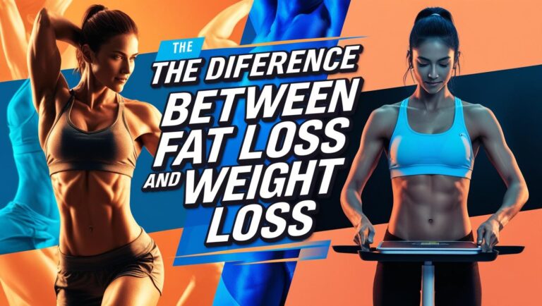 Athletic woman in a sports bra and shorts against an orange and blue background. Text reads, "The difference between fat loss and weight loss."