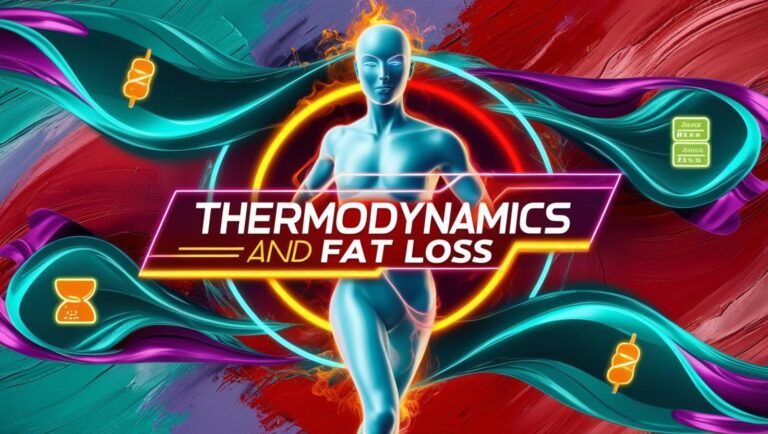 "Thermodynamics and Fat Loss" text on vibrant swirling background, featuring a glowing, futuristic humanoid figure with colorful abstract designs.