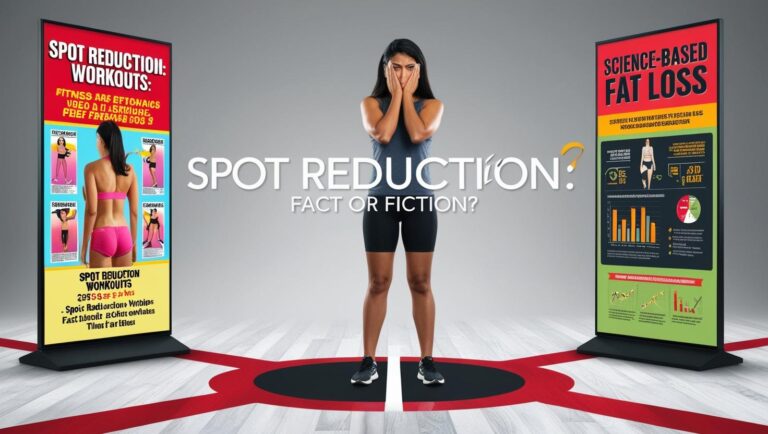 A woman in workout attire covers her face, standing between two posters titled "Spot Reduction: Workouts" and "Science-Based Fat Loss." The tone is questioning.