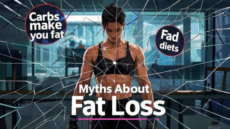 A fit woman in a gym, seen through shattered glass with phrases like "Carbs make you fat" and "Fad diets." Text reads "Myths About Fat Loss."