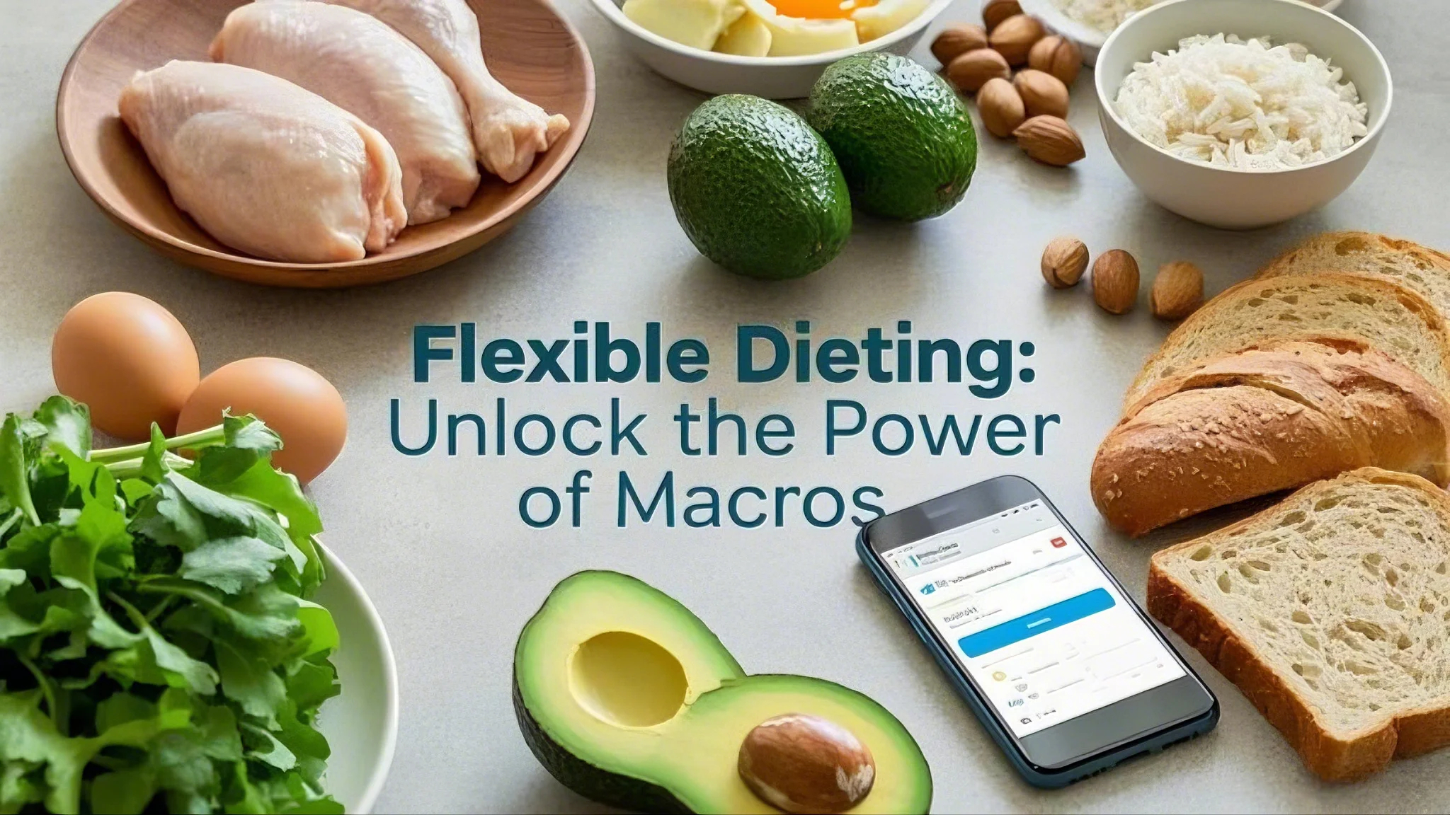 Flexible Dieting: Unlock the Power of Macros Alt text: "Assorted healthy foods including chicken, avocados, eggs, nuts, bread, and rice surround a smartphone. Text reads 'Flexible Dieting: Unlock the Power of Macros' conveying a balanced nutrition concept."