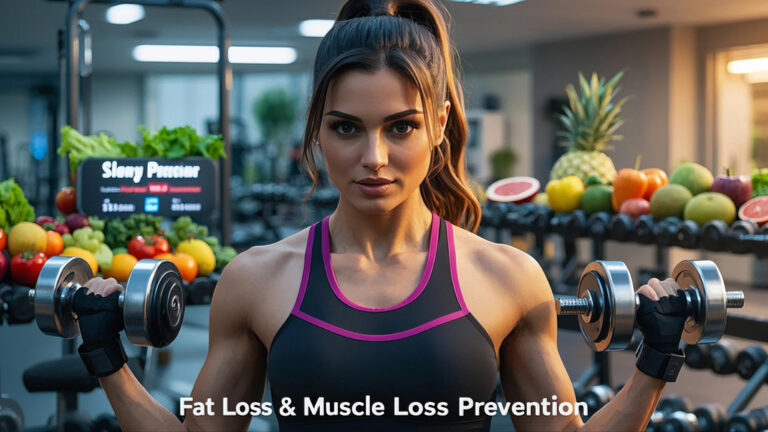 A woman in athletic wear holds dumbbells in a gym. Behind her, various fruits and vegetables are displayed. Text reads "Fat Loss & Muscle Loss Prevention."