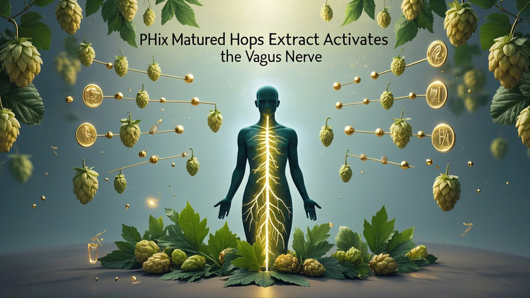 A silhouette of a person with a glowing vagus nerve is surrounded by hops and icons, with the text "PHix Matured Hops Extract Activates the Vagus Nerve" above. Lush hops leaves and a calm ambiance enhance the wellness theme.
