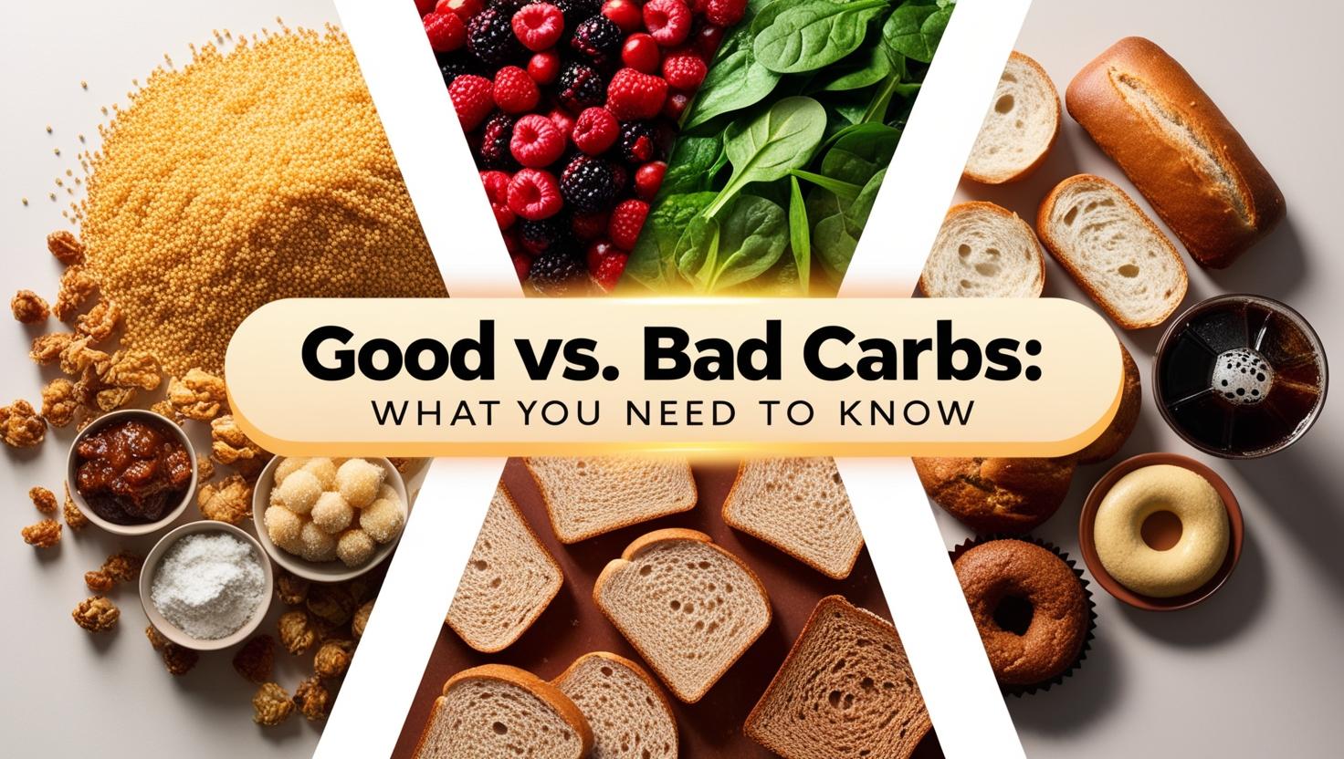 "Infographic contrasting good vs. bad carbs. Good carbs include millet, berries, spinach. Bad carbs include bread, pastries, soda. Text reads: 'Good vs. Bad Carbs: What You Need to Know.'"
