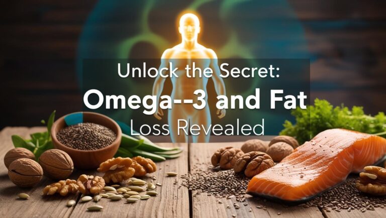 Unlock the Secret: Omega3 and Fat Loss Revealed A glowing silhouette stands behind text reading "Unlock the Secret: Omega-3 and Fat Loss Revealed." In the foreground, salmon, walnuts, and chia seeds are displayed.