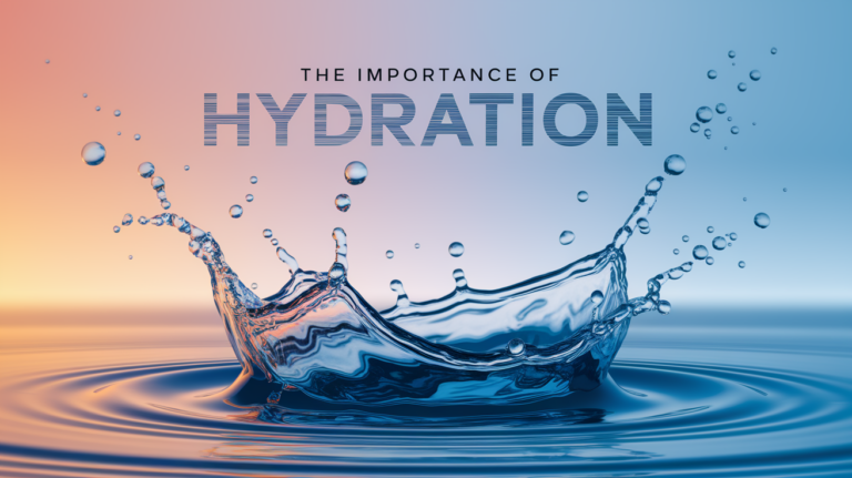 Splashing water against a blue and orange gradient background with bold text reading "The Importance of Hydration." Dynamic and refreshing tone.