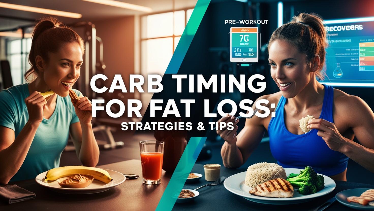 Carb Timing for Fat Loss: Strategies & Tips Two women at a gym eating healthy meals, with overlays of carbs and exercise data. The text reads "Carb Timing for Fat Loss: Strategies & Tips."