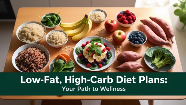 Low-Fat, High-Carb Diet Plans: Your Path to Wellness A wooden table with bowls of quinoa, bananas, spinach, berries, apples, sweet potatoes, and broccoli. Text overlay reads "Low-Fat, High-Carb Diet Plans: Your Path to Wellness."