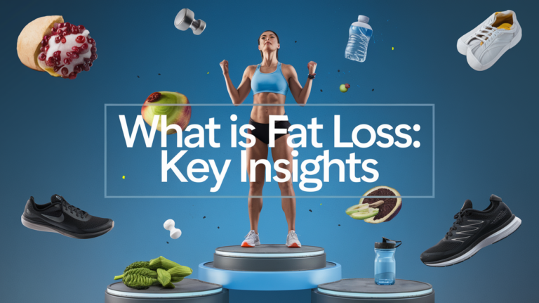 A fit woman in athletic gear stands confidently on a podium against a blue background. Surrounding her are various items like shoes, a water bottle, fruit, and the text “What is Fat Loss: Key Insights,” conveying a theme of fitness and healthy lifestyle.