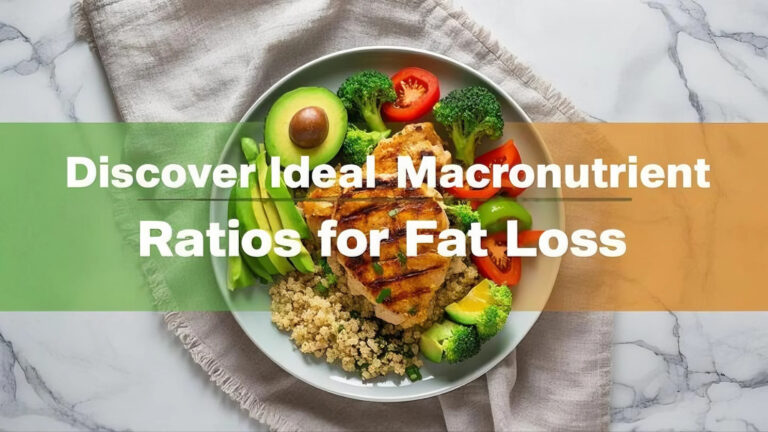 Discover Ideal Macronutrient Ratios for Fat Loss Plate with grilled chicken, quinoa, avocado, broccoli, and tomatoes on a marble surface and beige cloth. Text overlay: "Discover Ideal Macronutrient Ratios for Fat Loss."