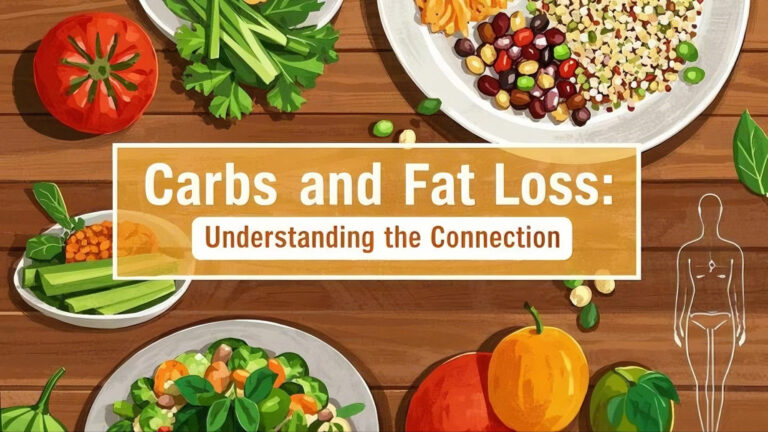 Carbs and Fat Loss: Understanding the Connection Illustration with colorful vegetables around text: 'Carbs and Fat Loss: Understanding the Connection.' Wooden background, emphasizing healthy eating